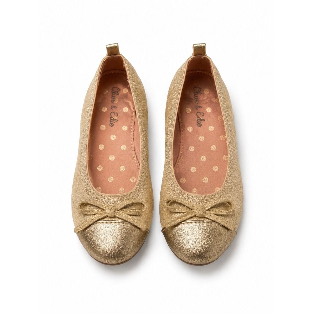 Olive & Edie Girls Gold Glitter Taylor Ballet Flats Shoes Metallic Bow Size 12M